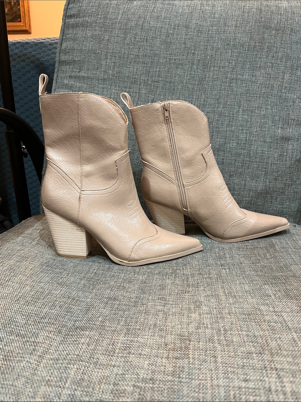 Pointed Toe Block Heel Ankle Boots in Light Beige